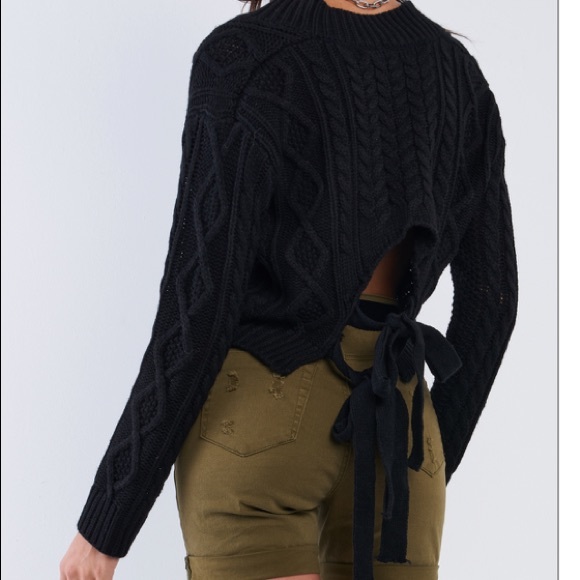 Sweaters - Black Cropped Sweater with V-Neck, Long Sleeves, and Self-Tie Open Back